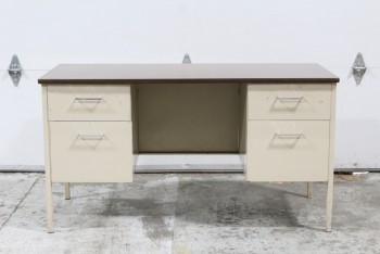 Desk, Metal, DOUBLE PEDESTAL W/4 DRAWERS (2 EACH SIDE), BROWN LAMINATE TOP, METAL, BEIGE