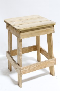 Stool, Square, SLAT SEAT,UNFINISHED WOOD, RUSTIC , WOOD, BROWN