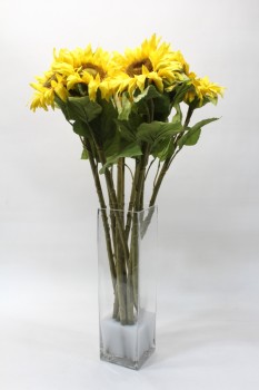 Plant, Fake, REALISTIC SILK FLOWERS, SUNFLOWERS, PERMANENT FLORAL ARRANGEMENT IN 16" CLEAR GLASS VASE, TOTAL HT APPROX 30", SILK, YELLOW