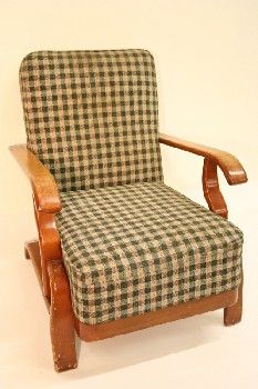 Chair, Armchair, CHECKERED PATTERN CUSHION, BROWN WOOD FRAME W/CURVED ARMS, FABRIC, MULTI-COLORED