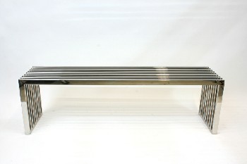 Bench, Misc, MODERN BENCH / COFFEE TABLE, POLISHED METAL SLATS IN THE STYLE OF MILO BAUGHMAN, METAL, SILVER