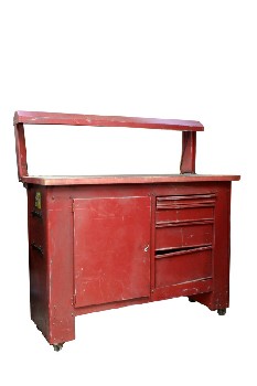 Table, Work, WORK OR AUTO SHOP / GARAGE COUNTER, WORK BENCH W/LIGHT COVER, CUPBOARD, 3 DRAWERS, INDUSTRIAL, ROLLING, AGED, USED, METAL, RED