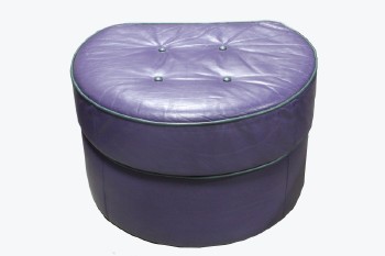 Ottoman, Round, ROUND TOP W/1 FLAT SIDE, 4 BUTTON TUFTED, GREEN PIPING, FOOT STOOL / REST, LEATHER, PURPLE