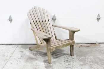 Chair, Lawn, ADIRONDACK/MUSKOKA STYLE,ANGLED BACK,UNFINISHED WOOD PLANK CONSTRUCTION, RUSTIC, OUTDOOR/LAWN/DECK, AGED  , WOOD, BROWN