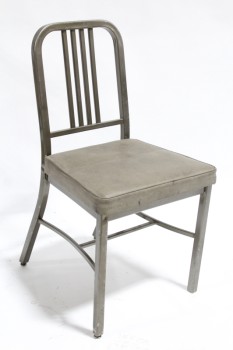 Chair, Institutional, ROUNDED CORNER 4 SPINDLE BACK W/VINYL SEAT- Condition & Seat Colour May Not Be Identical, METAL, GREY