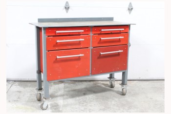 Table, Work, INDUSTRIAL, HEAVY DUTY, GREY FRAME, 6 RED DRAWERS (SM/MED/LG) W/GREY BAR HANDLES, AGED RECTANGULAR TOP W/CUT EDGE, ROLLING, USED, METAL, RED