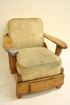 Chair, Armchair, VINTAGE, MAPLE FRAME, DRAWER IN BOTTOM, DISTRESSED/AGED, FABRIC, BEIGE