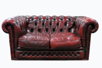Sofa, Loveseat, CHESTERFIELD/CLUB STYLE, ROLLED ARMS & BACK, BUTTON TUFTED, TACK TRIM, LEATHER, RED