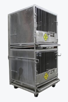 Cage, Laboratory, DOUBLE UNIT W/LARGE/PRIMATE SIZED LAB ANIMAL CAGES W/FOOD BOWLS, HINGED DOORS, ROLLING , STAINLESS STEEL, SILVER