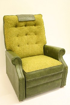 Chair, Recliner, LIGHT GREEN FABRIC SEAT/BACK, BUTTON TUFTED, AGED, USED, VINYL, GREEN