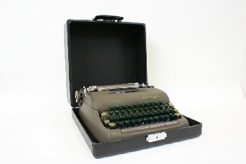 Desktop, Typewriter, VINTAGE TYPEWRITER W/GREEN KEYS IN BLACK CASE, METAL, GREY