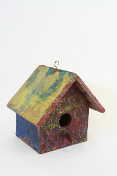 Garden, Birdhouse, HOMEMADE LOOK, HANGING W/PERCH, ENTRANCE & PEAKED ROOF, PAINTED, GLITTER, WOOD, MULTI-COLORED
