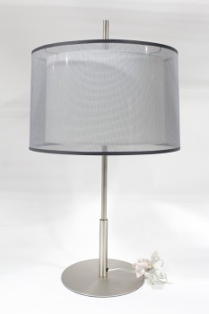 Lighting, Lamp, MODERN, DUAL LAYER SHADE W/OUTER MESH & WHITE INTERIOR, METAL POST & ROUND 10" BASE - Shade Is Included & Specific To This Lamp, FABRIC, SILVER