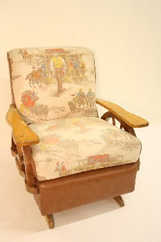 Chair, Rocking, WESTERN/COWBOY PRINT FABRIC, WOOD ARMS W/WAGON WHEEL SUPPORTS, VINTAGE, LEATHER, BROWN