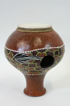 Music, Drum, JUG DRUM W/SIDE HOLE, DOTTED PATTERN, POTTERY, BROWN