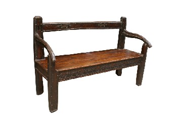 Bench, Misc, CARVED FRONT, STUDDED METAL TRIM, BENT ARMS, WOOD, BROWN
