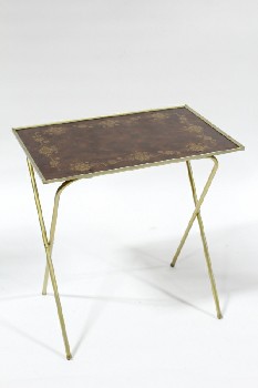 Table, Folding, RETRO TV TRAY TABLE,BROWN TOP W/FLORAL BORDER, BRASS COLOURED LEGS, METAL, BROWN