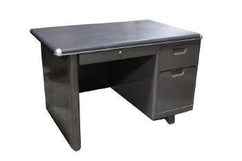Desk, Metal, 1 LOWER & 2 SIDE DRAWERS, PULL OUT SHELF (NO HANDLE), DARKER GREY TOP W/CAPPED CORNERS, ONE SIDE SLIGHT OVERHANG, BULLNOSE, STEELCASE, TANKER STYLE, METAL, GREY