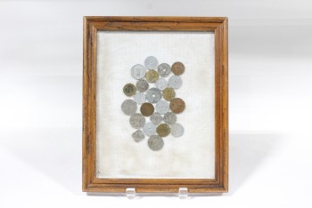 Wall Dec, Collection, CLEARABLE, COIN COLLECTION, CLUSTER INCLUDES REAL OLD COINS, BROWN WOOD FRAME, METAL, BROWN