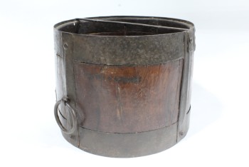 Bucket, Wood , CYLINDRICAL, METAL BANDS & RINGS, DIVIDED INSIDE , WOOD, BROWN