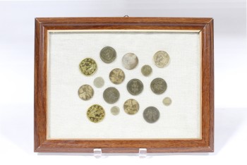 Wall Dec, Collection, CLEARABLE, COIN COLLECTION, INCLUDES REAL OLD COINS, BROWN WOOD FRAME, METAL, BROWN