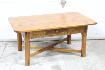 Table, Coffee Table, ANTIQUE, PLAIN, RUSTIC, SINGLE DRAWER, LOWER CROSSBARS, WOOD, BROWN