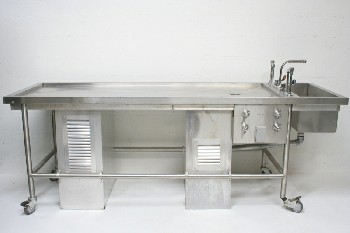 Medical, Morgue, AUTOPSY TABLE W/TAPS, DRAIN, END SINK, ROLLING - Not Identical To Photo, Stainless Body Trays Available & Rent Separately, STAINLESS STEEL, SILVER