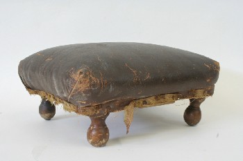 Stool, Ottoman, ANTIQUE, SMALL FOOT REST, BALL FEET & NAIL TRIM, AGED/DISTRESSED, VINYL, BROWN