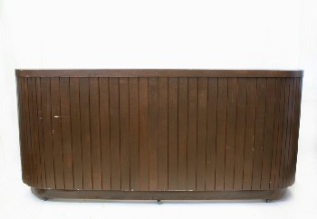 Counter, Misc, BAR,ROUNDED ENDS,SLAT FRONT,EMPTY BEHIND, DISTRESSED, ROLLING, WOOD, BROWN