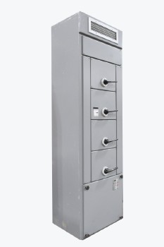 Industrial, Miscellaneous, RECTANGULAR BOX,HYDRO/UTILITY,SWITCHGEAR UNIT W/4 ROTATING ON/OFF SWITCHES W/BLACK HANDLES, TOP VENT PANEL, PLAIN SIDES, BACKLESS, WOOD, GREY