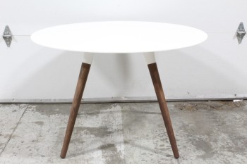 Table, Dining, MODERN, WALNUT LEGS, ROUND TOP W/MARBLE LOOK, ANGLED TAPERED LEGS, STONE, WHITE