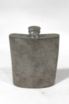 Drinkware, Flask, PLAIN W/SCREW ON LID, CURVED, AGED, METAL, SILVER