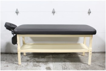 Medical, Table, MASSAGE, SPA, CREAM COLOURED ADJUSTABLE HEIGHT WOOD FRAME W/LOWER SHELF, BLACK VINYL PADDING, JUST TABLE IS 35x75x30", HEAD REST ADDS 13" TO END, WOOD, BLACK