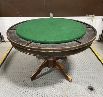 Table, Games, POKER / CARDS, ROUND TOP W/GREEN FELT CENTRE, SUNKEN SURFACE, SEATS 4-6, AGED / USED, WOOD, BROWN