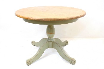 Table, Dining, ROUND LIGHT WOOD TOP W/LIGHT GREEN BASE & 4 LEGS W/CURLED ENDS, OLD FASHIONED, WOOD, GREEN