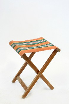 Stool, Folding, STRIPED CANVAS SEAT, CAMPING, OUTDOOR, AGED - Not Identical To Photo, WOOD, BROWN