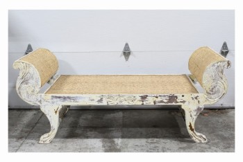 Bench, Misc, BENCH OR BED, ROUNDED SIDES, RATTAN WOVEN SURFACE & SIDES, CARVED WOOD FRAME W/FLOWERS, CLAW FEET, PAINTED WHITE / CREAM, AGED, WOOD, BROWN