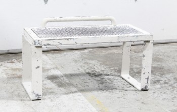 Bench, Misc, PERFORATED SEAT, CONNECTED LEGS, TUBULAR BAR ON BACK, AGED, SCRATCHED, INDUSTRIAL / COMMERCIAL, METAL, WHITE