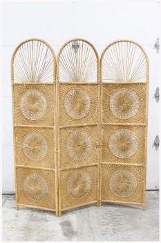 Screen, 3 Panel, ROOM DIVIDER, EACH PANEL IS 72x20x1," ROUNDED TOPS, STARBURST DESIGNS, WOVEN W/WRAPPED FRAME, VINTAGE BOHO CHIC, RATTAN, BROWN
