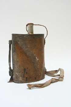 Drinkware, Canteen, CANTEEN, SLIGHTLY CURVED, SOILED WHITE STRAP, CORK LID, RUSTY, METAL, GREY
