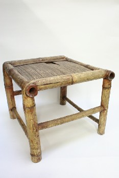 Stool, Square, SEAT MADE OF THIN STRIPS, AGED, BAMBOO, BROWN