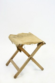 Stool, Folding, CANVAS SEAT, CAMPING, OUTDOOR, AGED, WOOD, BROWN