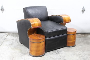 Chair, Armchair, ART DECO STYLE, CURVED WOOD ARMS W/TACK TRIM, BLACK LEATHER, ATTACHED ROUND TABLE/WOOD COLUMN PEDESTALS, LEATHER, BLACK