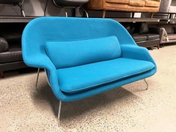 Sofa, Loveseat, MODERN, WOMB, CHROME LEGS, CURVED, CONTOURED, 2 REMOVEABLE CUSHIONS, WOOL, BLUE