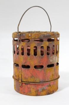 Camp, Heater, VINTAGE, CYLINDRICAL, TOP & SIDE VENTS & HANDLE, VERY AGED & RUSTY, METAL, ORANGE