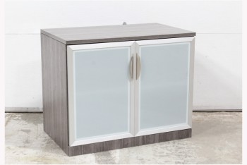 Cabinet, Office, GREY WOOD GRAIN LAMINATE W/2 FROSTED GLASS DOORS, CONTEMPORARY, WOOD, GREY