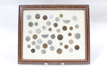 Wall Dec, Collection, CLEARABLE, COIN COLLECTION, INCLUDES REAL OLD COINS & HALF COINS, BROWN WOOD FRAME, METAL, BROWN