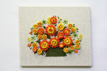 Wall Dec, Stitched, CLEARABLE, ORANGE / YELLOW FLOWERS IN GREEN BASKET, NO FRAME, EMBROIDERY, MULTI-COLORED