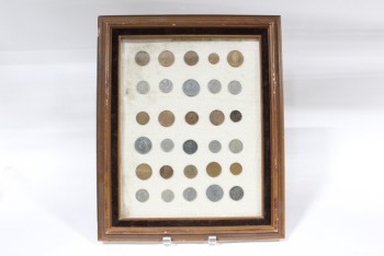 Wall Dec, Collection, CLEARABLE, COIN COLLECTION, ROWS, INCLUDES REAL OLD COINS, BROWN WOOD FRAME, METAL, BROWN