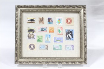 Wall Dec, Collection, CLEARABLE, FRAMED STAMP COLLECTION, INCLUDES 17 REAL OLD POSTAGE STAMPS, PATTERNED METALLIC COLOURED FRAME, MULTI-COLORED